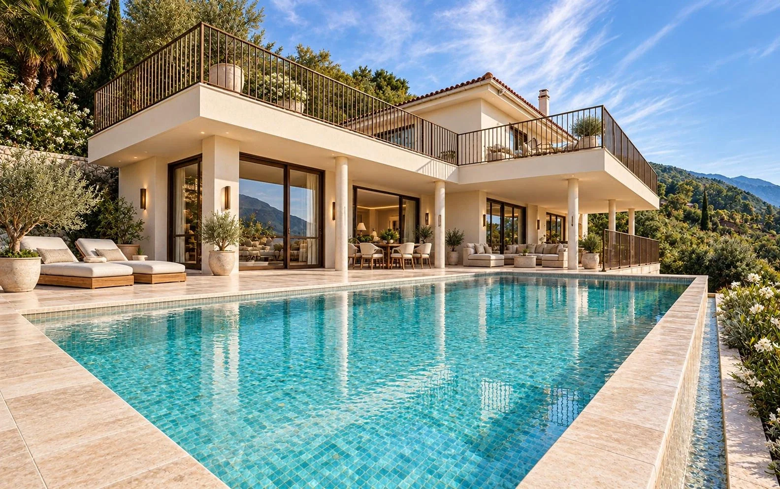 Visualizzazione illustrativa di una villa luminosa con piscina, terrazze e giardino